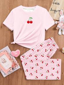 SHEIN Cute Mini Cherry Plaid, Young Girls Casual Minimalist Fitted Round Neck Short Sleeve T-Shirt & Loose Pants Homewear Set, Suitable For Summer - Multicolor - View 3