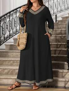 Lacomfia 大码女式花卉印花黑色休闲圆领长袖口袋长裙，时尚优雅 - 彩色 - 查看 3