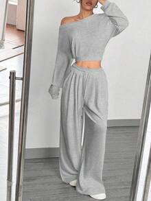 SHEIN EZwear 2件套女士斜肩上衣和裤子套装 - 灰色 - 查看 4