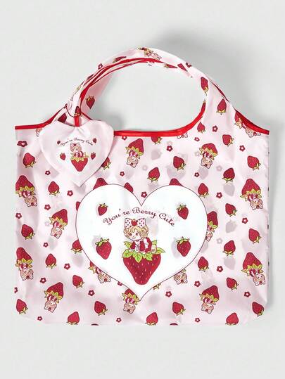 Kawaii Cartoon Strawberry Girl Large Capacity Foldable Tote Bag With Coin Purse