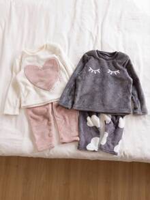 Genkimix Kids 4 件套女孩云朵和心形图案休闲舒适羊毛睡衣套装，粉色 - 彩色 - 查看 5