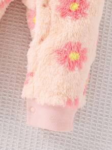 SHEIN 女婴碎花抓绒极简圆领长袖连体衣，配蝴蝶结发带，秋冬款 - 粉色 - 查看 6