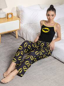 BATMAN X SHEIN Women's Summer Bat Print Trim Camisole Top And Pants Pajama Set Printed Pajama Set Tank Top Pajama Set Tank Top Pj Set One Piece Pajama For Women - Black - View 6
