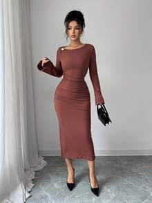 Elenzga Women's Elegant Asymmetric Collar Metal Buckle Waist Ruched Autumn Dress