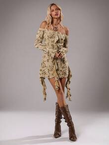 TRNVIE 1 件棕色做旧露肩荷叶边长袖休闲连衣裙，适合荒原风格女士，冬季 - 棕色 - 查看 5