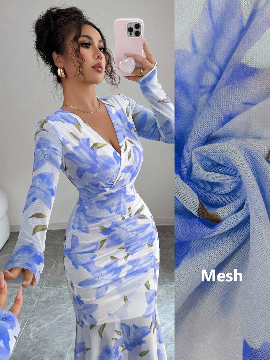 Elenzga 秋季新品返校季优雅花卉印花网眼性感V领褶饰腰部鱼尾下摆长袖紧身连衣裙 - 藍色 - 查看 1
