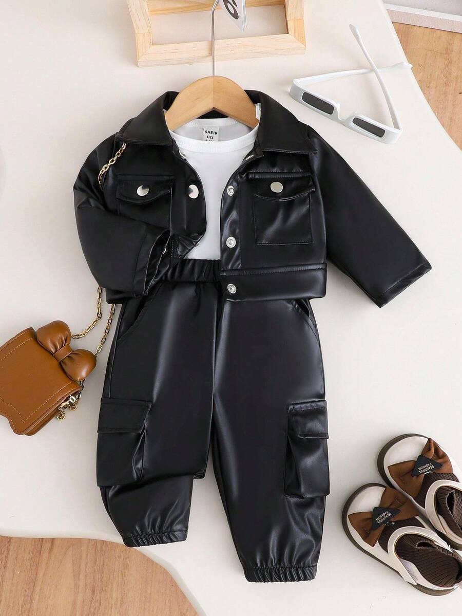 SHEIN 3pcs Baby Girl Fashionable Casual Solid Color Jacket And Pants Set, Spring/Autumn - Black - View 1