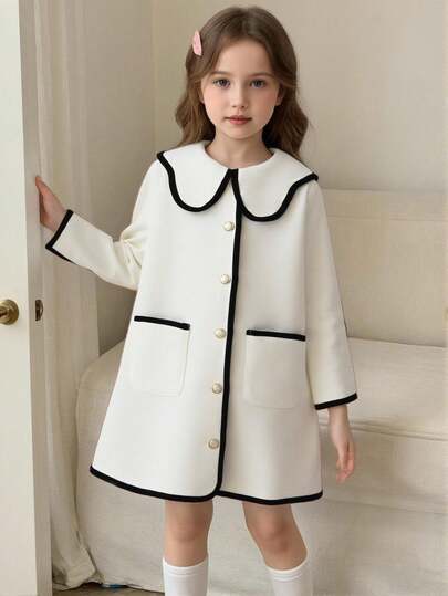 Elladie kids 1件装少女舒适休闲优雅撞色领纽扣前袋长袖外套，适合秋冬季日常穿着