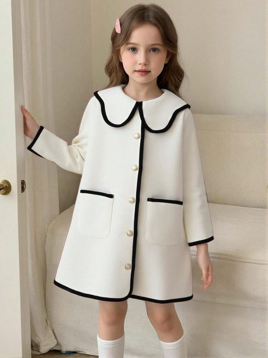 Elladie kids 1pc Young Girl' Comfortable Casual Elegant Contrast Collar Button Front Pocket Long Sleeve Jacket, Suitable For Autumn/Winter Daily Wear Fall - Multicolor - View 1