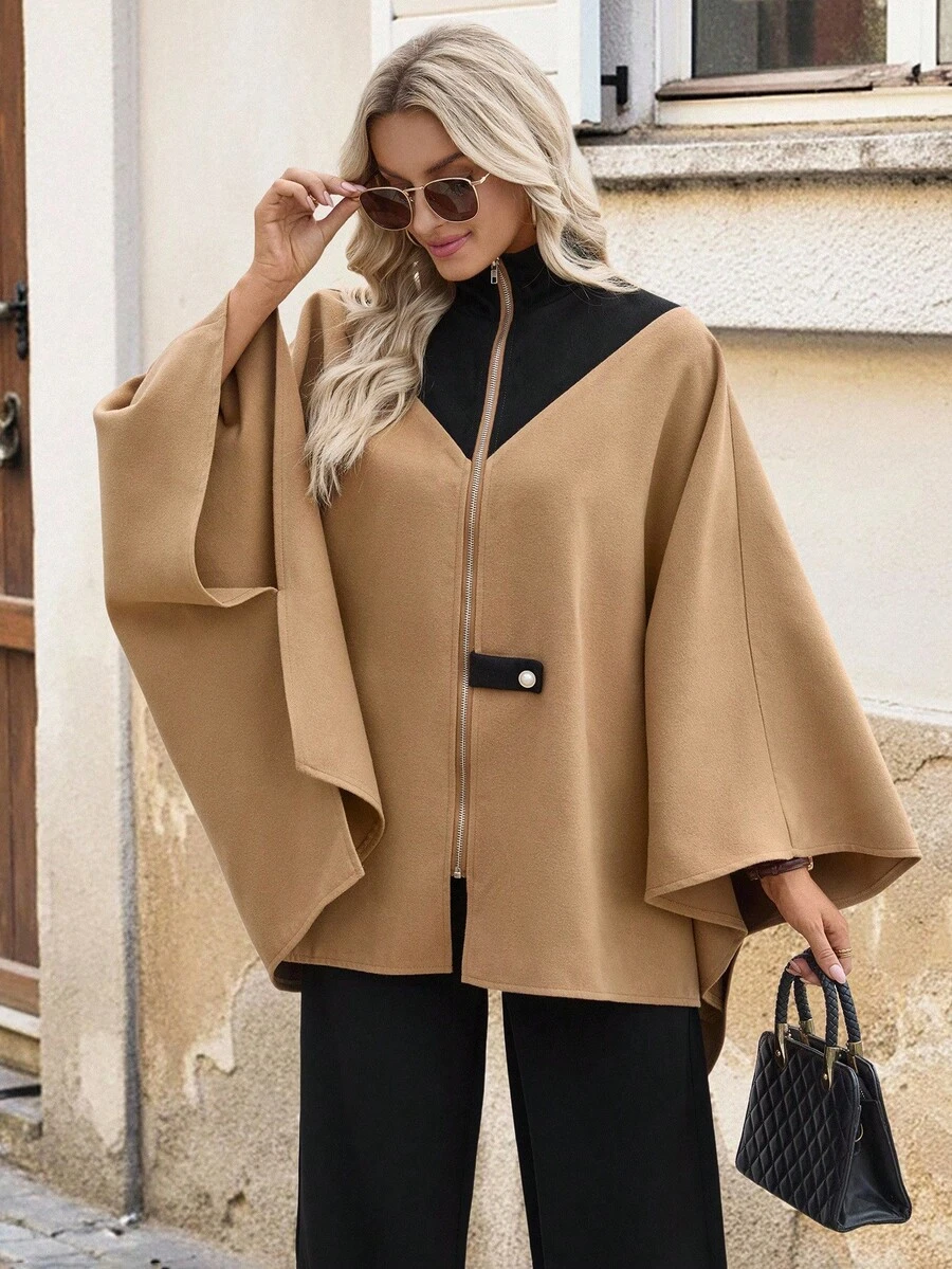 SHEIN 2-Sided Contrast Color Woolen Cloak For Women, Casual - Multicolor - View 1