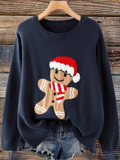 Linhara CURVE Christmas 1pc Women Plus Size Gingerbread Man Pattern Round Neck Casual Fashion Drop Shoulder Long Sleeve Pullover Sweater