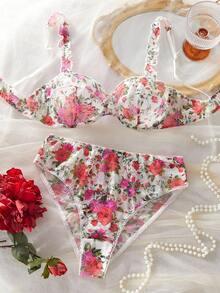 SHEIN 2pcs Women Floral Lace Comfortable Lingerie Set - Multicolor - View 4