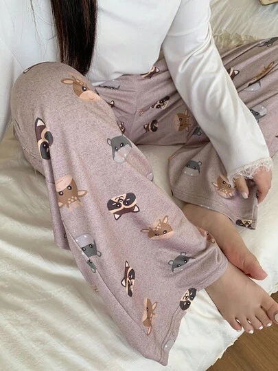 Dazy Plus Cartoon Print Pattern Loose Straight Casual Pajama Bottoms, Plus Size Cute Sleepwear, Winter