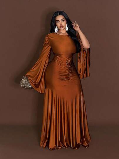 Maweii Women Summer Elegant High-Stretch Brown Winter Mal Party Maxi Dress,Pleated Design, Vacation,Leopard Print,Floral,Christmas New Year Holiday Fall