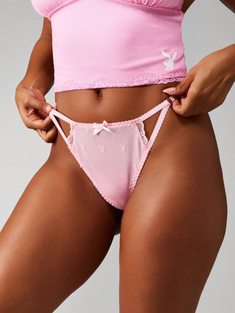 Missguided x Playboy Bunny Logo Sheer Mesh Thong Panties Lace Trim Detail Women Lingerie Underwear High Cut String Bikini Bottom Valentine Gift