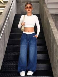 SHEIN Teenager Mädchen Y2K Herbst modische blaue & weiße lässige gestreifte weite Schlupfhose, mit kontrastierendem Bund und 2-in-1 Design