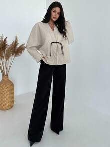 Firerie 女士优雅简约通勤日常新款时尚V领撞色纽扣蝙蝠袖卡其色大衣，秋冬女装，女士冬季外套，女士冬季夹克 - 卡其色 - 查看 6