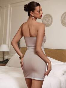 Aloruh Vestido mini de mujer para otoño/invierno, vestido sin tirantes con tela bordada con lentejuelas, vestido de fiesta, vestido de cita, vestido para el té de la tarde - Blanco - Ver 3