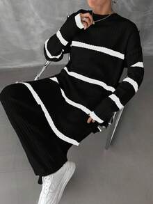 EURMUSE Women's Drop Shoulder Striped Sweater 2pcs/set - Black - View 3