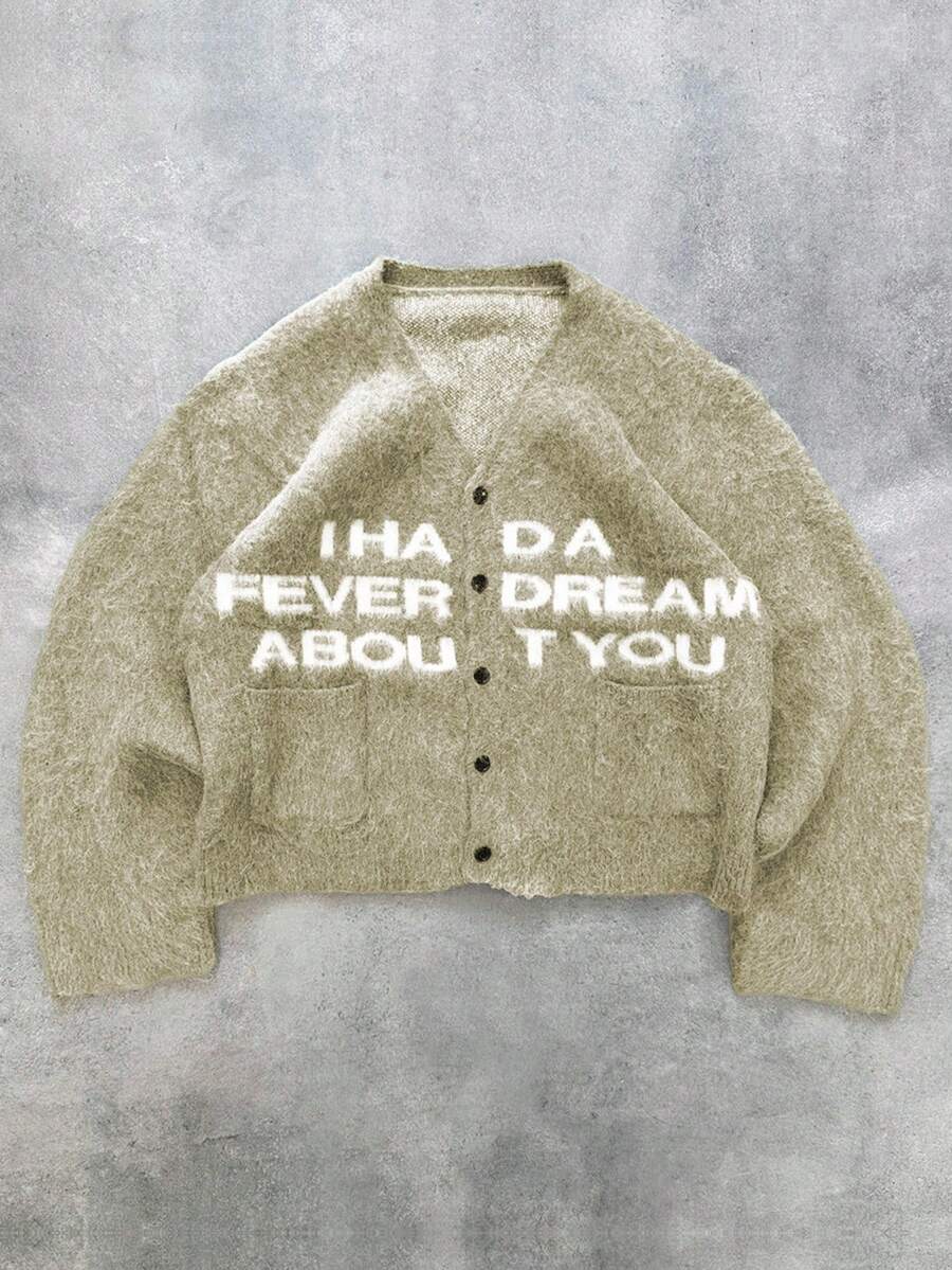 Manfinity EMRG 男士休闲字母图案开衫，秋冬，垃圾摇滚风格 - 綠色 - 查看 1