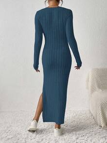 SHEIN Frenchy Của phụ nữ Bọc Vòng cổ Cao Bên Khe Đầm Với Khe nứt bên - Màu xanh hải quân - Xem 2