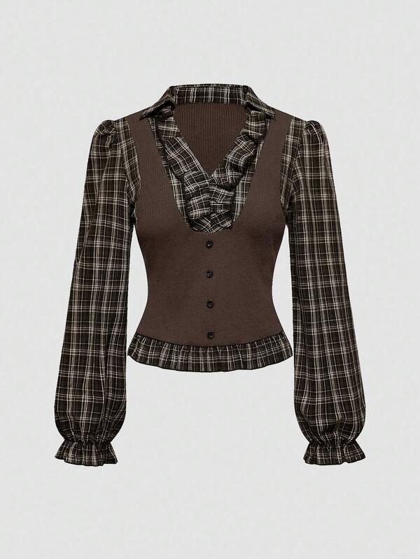 ROMWE Goth Back To School Vintage Gothic Plaid Patchwork Long Sleeve Shirt Blouse For Women