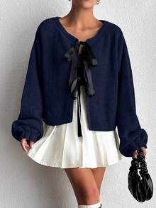 EURMUSE Solid Color Knotted Bow Thick Knit Long Sleeve Cardigan,Cardigans For Women,Petite Cardigans,Cardigans - Navy Blue - View 5