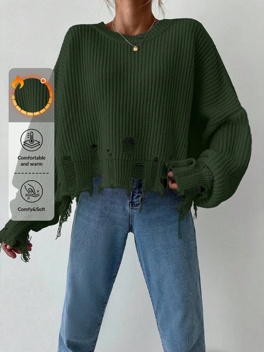 EURMUSE Women's Casual Solid Color Distressed Drop Shoulder Oversized Sweater, Autumn/Winter - Army Green - View 1