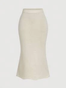 SHEIN MOD 2 件套女式扭纹前上衣和紧身美人鱼裙针织毛衣套装 - 米色 - 查看 6