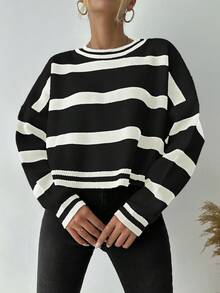 EURMUSE Women's Striped Drop Shoulder Sweater - Hitam dan Putih - View 6