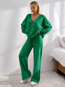 EURMUSE Drop Shoulder Cardigan & Tie Front Knit Pants - Green - View 5