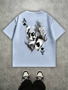 Manfinity ZONE917 Men's Loose Fit Spade A Smoky Skull Dice Print Oversized Short Sleeve T-Shirt, Haze Blue