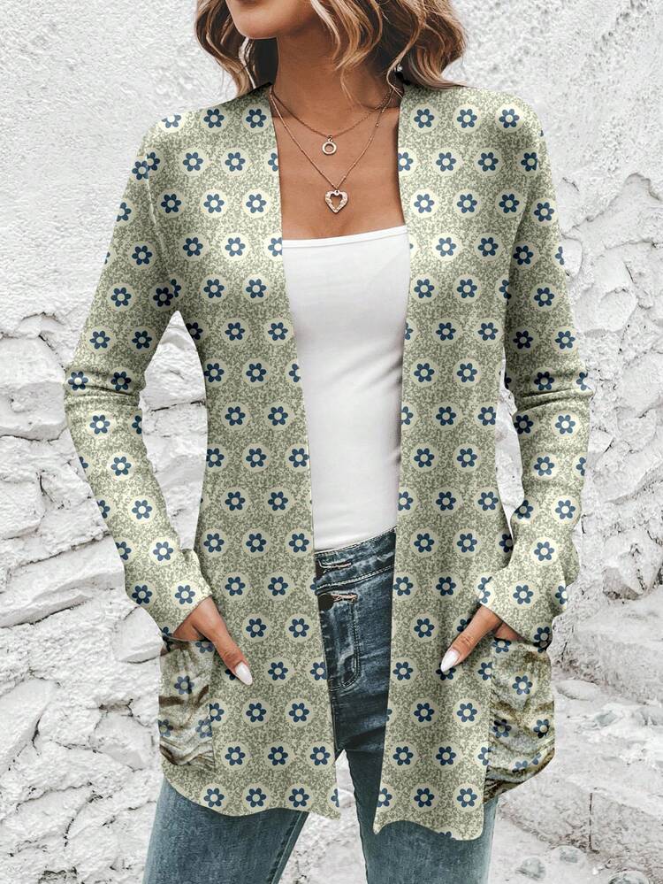 Women's Casual Graphic Print Loose Fit Long Sleeve Cardigan, Suitable For Fall/Winter