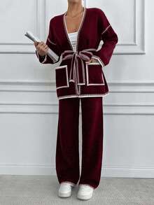 EURMUSE 2件套女士休闲撞色装饰口袋宽松开衫和裤子套装 - 酒紅色 - 查看 6