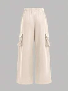 SHEIN Girlism 2件套少女纯色字母印花连帽运动衫和工装裤休闲装 - 棕色 - 查看 9