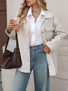 SHEIN LUNE Women's Casual Solid Color Long Sleeve Utility Pocket Jacket, Autumn/Winter Cream Outfit Women Shackets For Women White Jacket For Women Neutral Clothes For Womenfall Clothes For Women Winter Clothes For Women Business Casual Woman Work Outfits For Women Women's Winter Jacket
