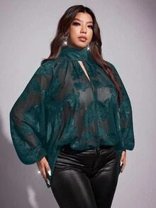 Grovea Camicetta oversize sexy con taglio trasparente, fiocco e maniche a lanterna - Verde Scuro - Visualizzare 2