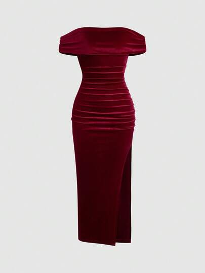 SHEIN Tall Hoge taille kerstfeestjurk in bordeauxrood voor dames, off-shoulder bodycon fluwelen formele jurk