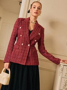 Chiquease Áo khoác blazer hai hàng khuy họa tiết kẻ caro bảo hộ lao động - Đỏ - Xem 4