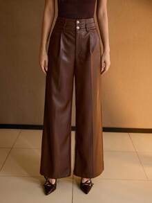 MOTF PREMIUM WOMEN'S HIGH WAIST LOOSE PU LEATHER WIDE LEG PANTS - Chocolate Brown - View 4