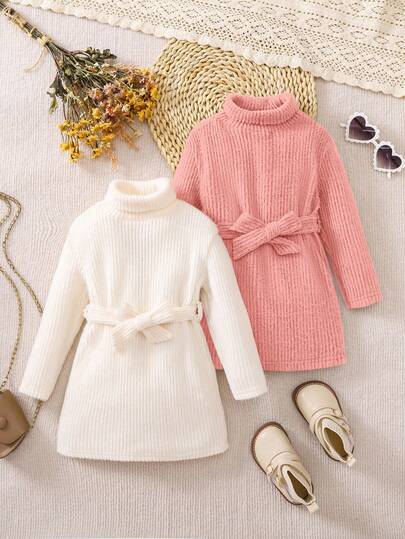 SHEIN 2 件套女婴针织长袖高领宽松连衣裙套装，适合外出和聚会，秋冬季
