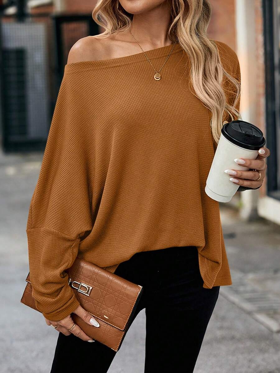 EMERY ROSE 女式宽松华夫格针织露肩蝙蝠袖T恤，绿色，秋季 - 黃色 - 查看 1