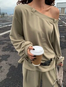 DAZY Conjunto casual de dos piezas para mujer con sudadera con capucha de manga larga asimétrica de unicolor y pantalones de pierna ancha con cordón en la cintura, traje de chándal para otoño/invierno