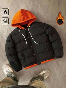 Manfinity Hypemode Men's Vacation Casual Contrast Color Patchwork Hooded Winter Coat, Fall/Winter - Black - View 3