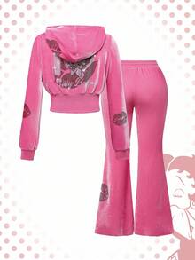 Betty Boop | ROMWE 大码 Y2K 字母图案水钻装饰卫衣和裤子 2 件套 - 粉色 - 查看 2