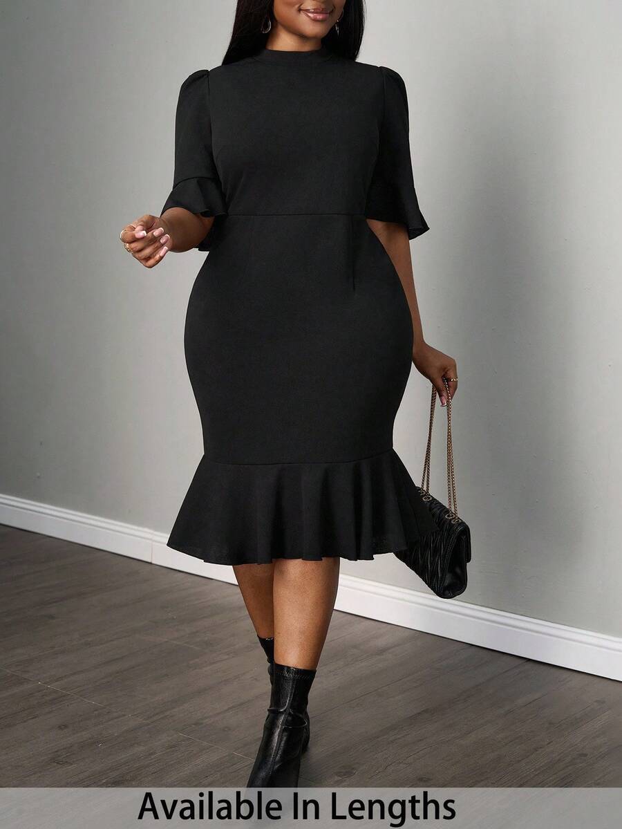 SHEIN PETITE CURVE 大码女式休闲优雅办公室职业通勤知性泡泡袖紧身中长/短袖连衣裙、毕业礼服、女士正装 - 黑色 - 查看 1