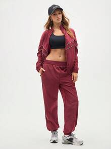 Eassivo Eassivo 女式撞色饰边拉链长袖上衣和抽绳长裤运动套装 - 棕色 - 查看 4