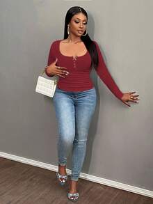 Slaydiva Camiseta feminina casual de manga comprida com decote redondo e botões