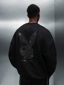 PLAYBOY X SUMWON 镶钻长袖圆领卫衣，超大Logo设计，常规版型套头衫，冬季休闲装 - 黑色 - 查看 1