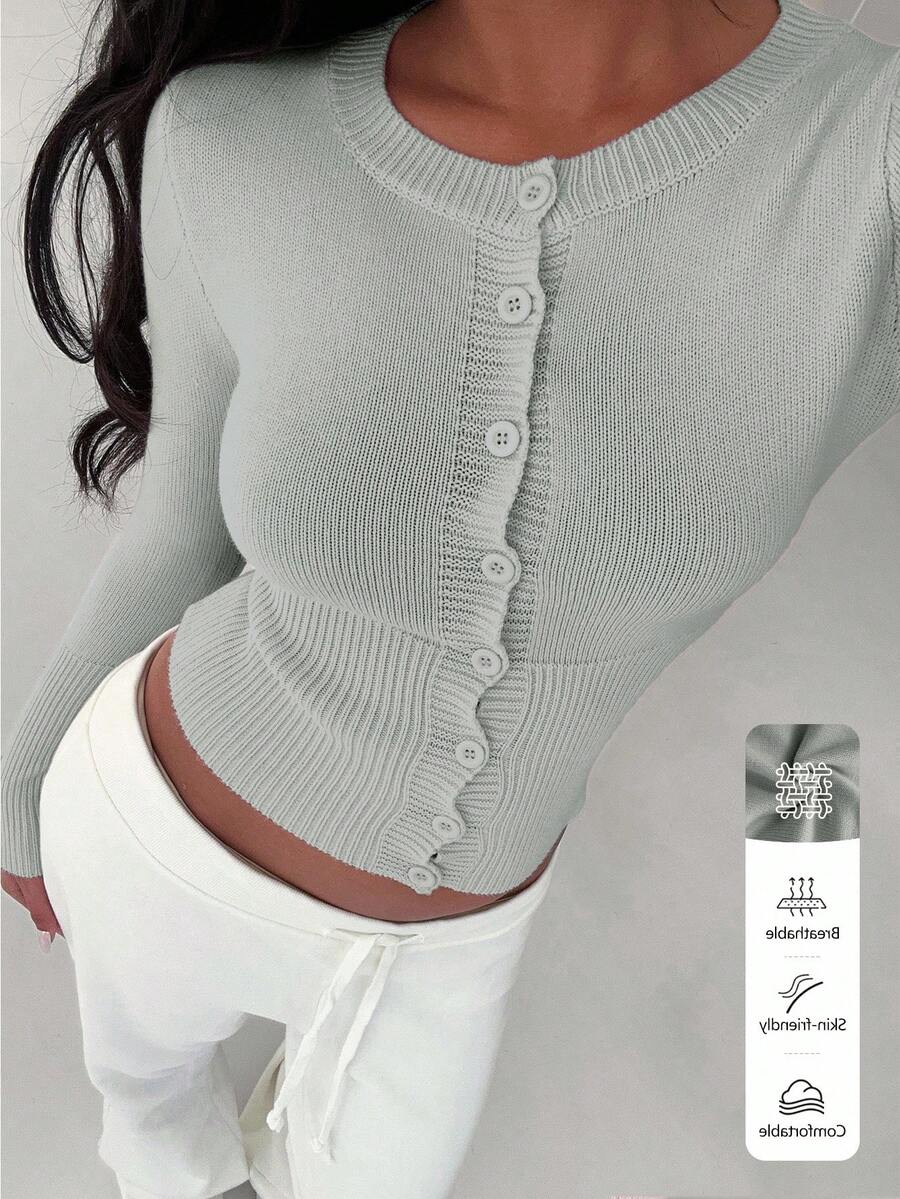FavEase Áo khoác cardigan nữ dáng ôm cài nút phía trước màu trơn, đa năng - Xám - Xem 1